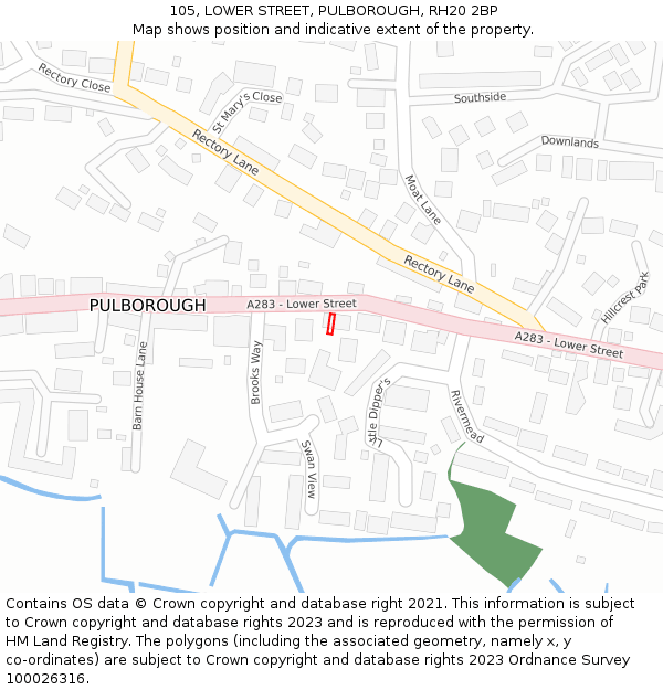 105, LOWER STREET, PULBOROUGH, RH20 2BP: Location map and indicative extent of plot