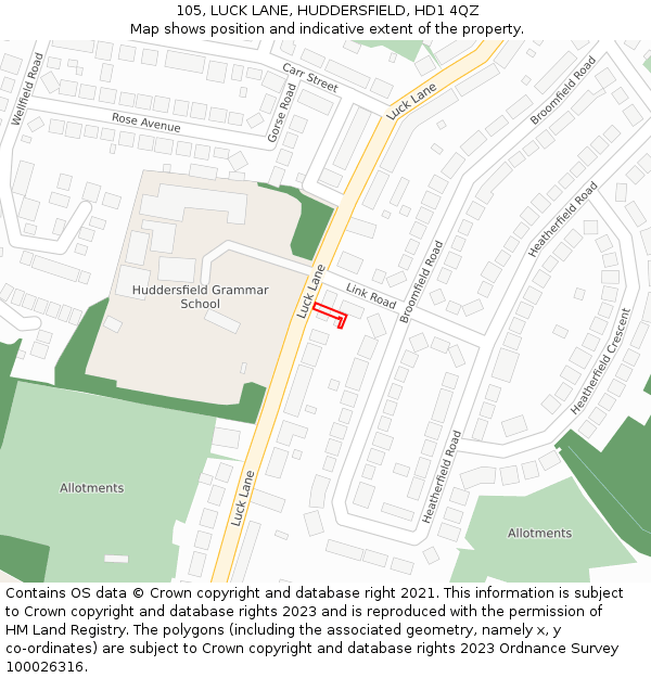 105, LUCK LANE, HUDDERSFIELD, HD1 4QZ: Location map and indicative extent of plot