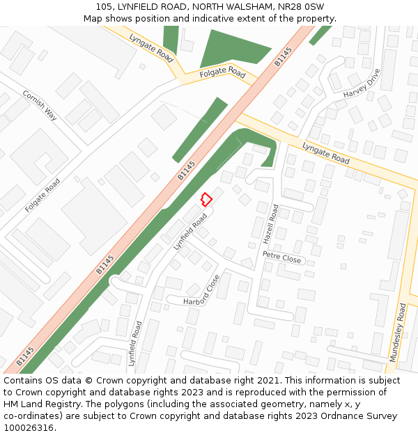 105, LYNFIELD ROAD, NORTH WALSHAM, NR28 0SW: Location map and indicative extent of plot