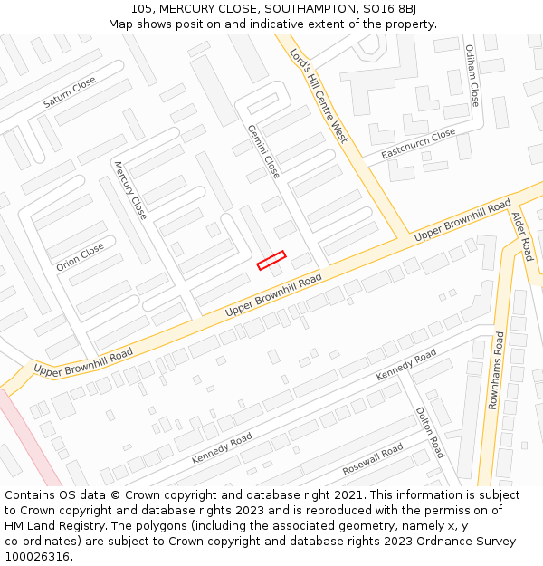 105, MERCURY CLOSE, SOUTHAMPTON, SO16 8BJ: Location map and indicative extent of plot