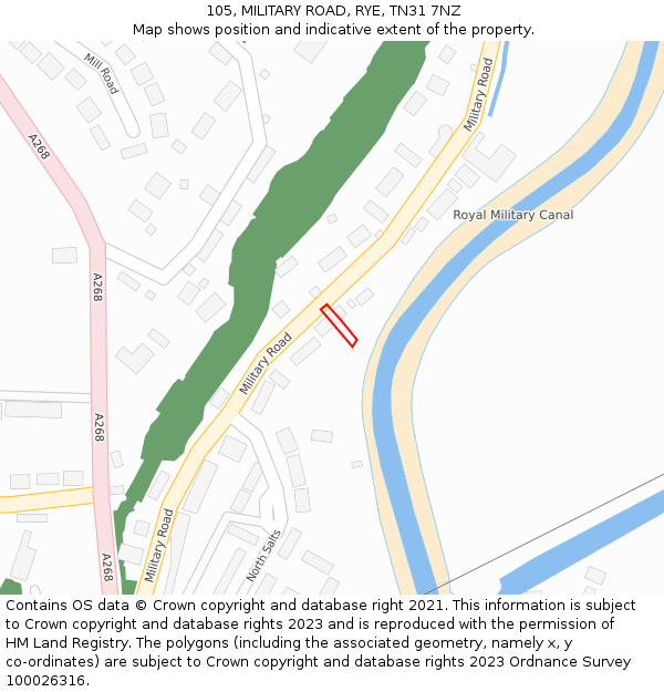 105, MILITARY ROAD, RYE, TN31 7NZ: Location map and indicative extent of plot