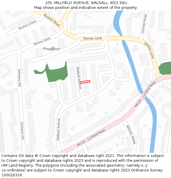 105, MILLFIELD AVENUE, WALSALL, WS3 3QU: Location map and indicative extent of plot