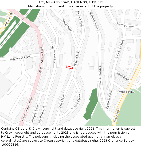 105, MILWARD ROAD, HASTINGS, TN34 3RS: Location map and indicative extent of plot