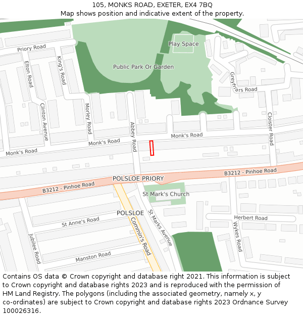 105, MONKS ROAD, EXETER, EX4 7BQ: Location map and indicative extent of plot