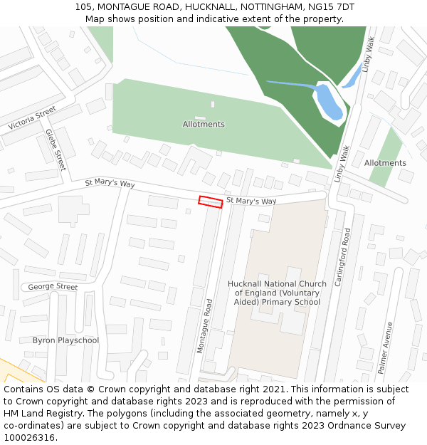 105, MONTAGUE ROAD, HUCKNALL, NOTTINGHAM, NG15 7DT: Location map and indicative extent of plot