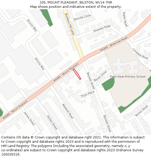 105, MOUNT PLEASANT, BILSTON, WV14 7NR: Location map and indicative extent of plot