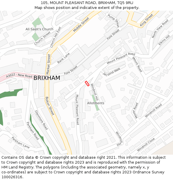 105, MOUNT PLEASANT ROAD, BRIXHAM, TQ5 9RU: Location map and indicative extent of plot