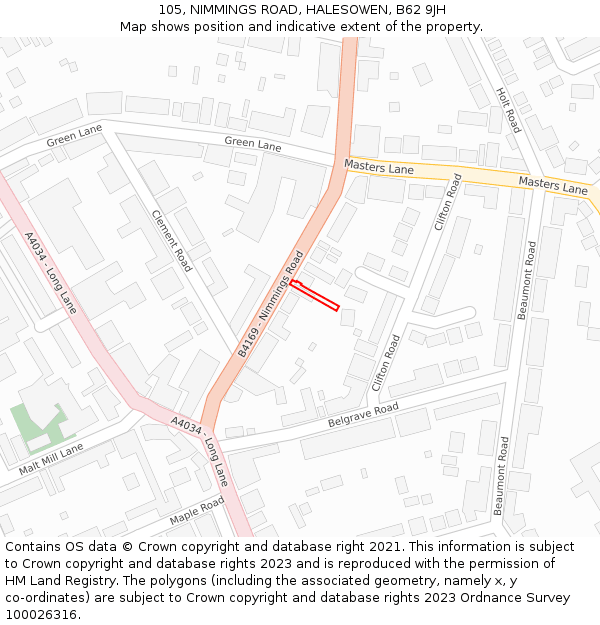 105, NIMMINGS ROAD, HALESOWEN, B62 9JH: Location map and indicative extent of plot