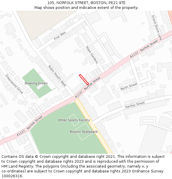 105, NORFOLK STREET, BOSTON, PE21 9TE: Location map and indicative extent of plot