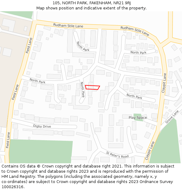 105, NORTH PARK, FAKENHAM, NR21 9RJ: Location map and indicative extent of plot