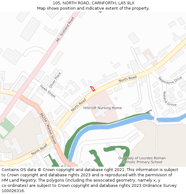 105, NORTH ROAD, CARNFORTH, LA5 9LX: Location map and indicative extent of plot