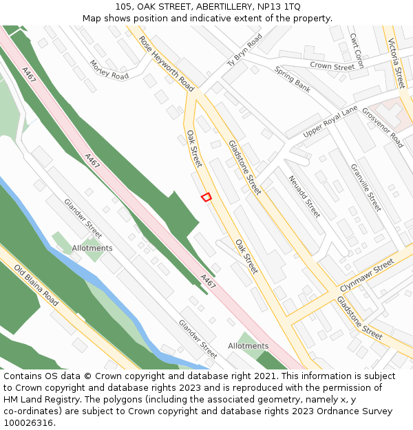 105, OAK STREET, ABERTILLERY, NP13 1TQ: Location map and indicative extent of plot