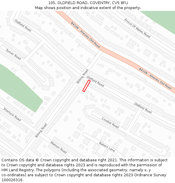 105, OLDFIELD ROAD, COVENTRY, CV5 8FU: Location map and indicative extent of plot