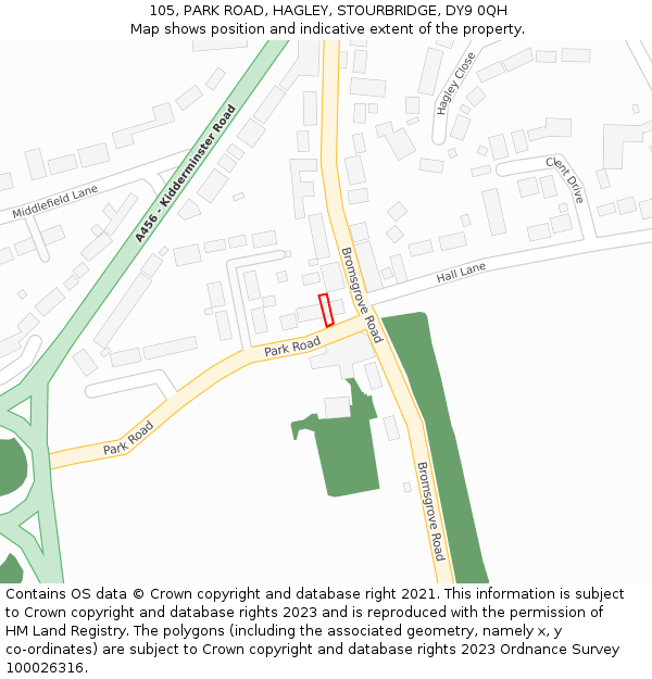 105, PARK ROAD, HAGLEY, STOURBRIDGE, DY9 0QH: Location map and indicative extent of plot