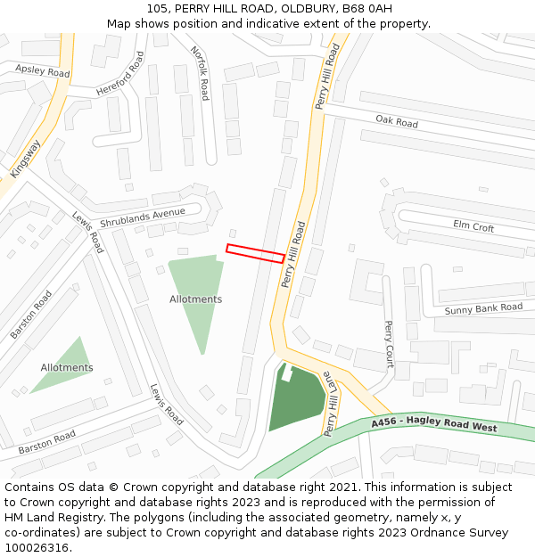 105, PERRY HILL ROAD, OLDBURY, B68 0AH: Location map and indicative extent of plot