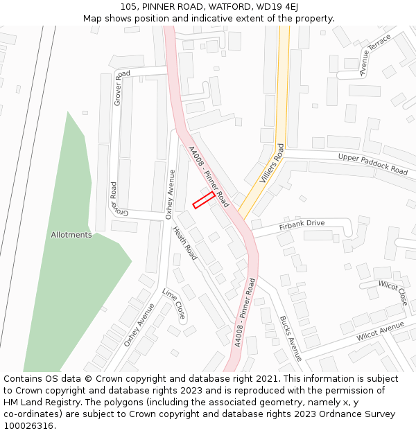 105, PINNER ROAD, WATFORD, WD19 4EJ: Location map and indicative extent of plot