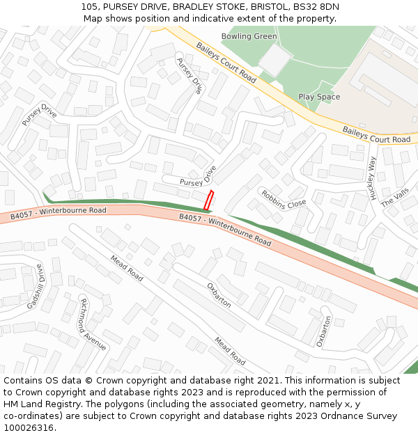 105, PURSEY DRIVE, BRADLEY STOKE, BRISTOL, BS32 8DN: Location map and indicative extent of plot