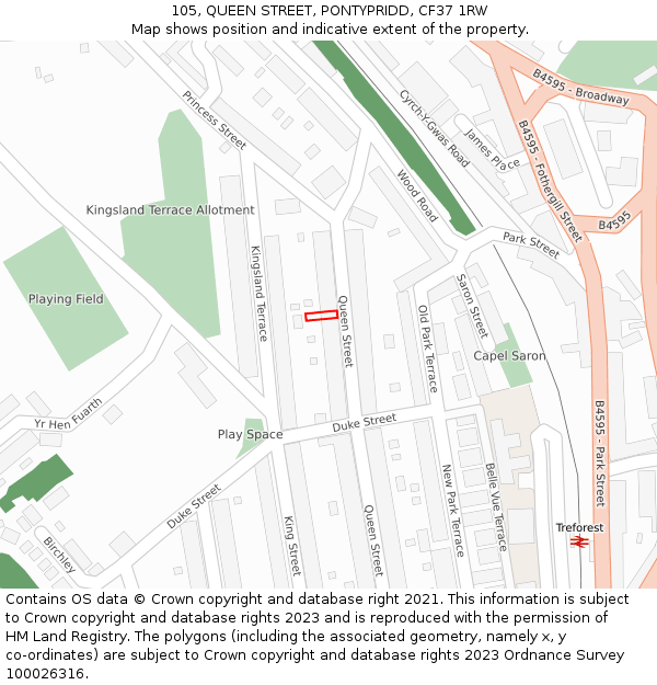 105, QUEEN STREET, PONTYPRIDD, CF37 1RW: Location map and indicative extent of plot