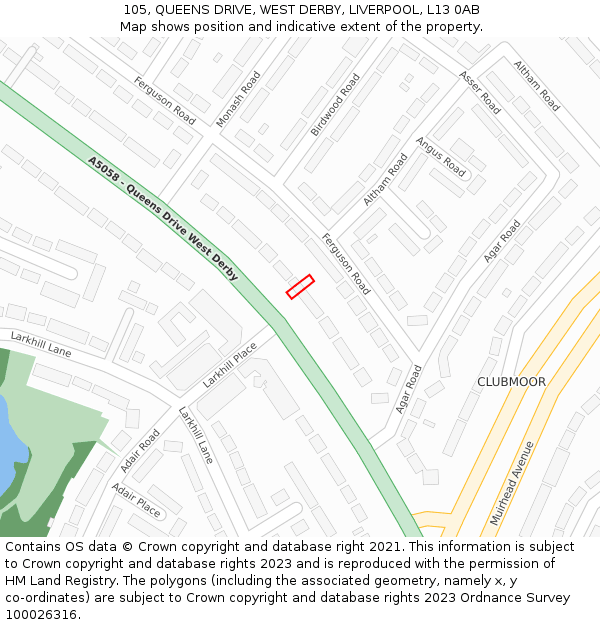 105, QUEENS DRIVE, WEST DERBY, LIVERPOOL, L13 0AB: Location map and indicative extent of plot