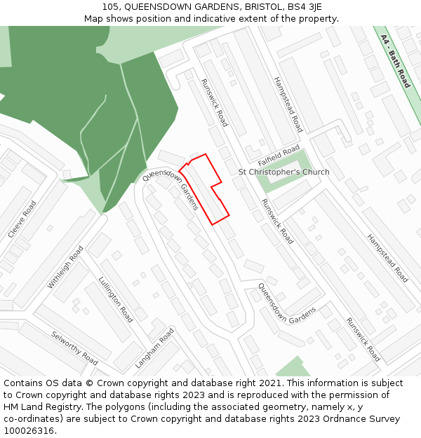 105, QUEENSDOWN GARDENS, BRISTOL, BS4 3JE: Location map and indicative extent of plot