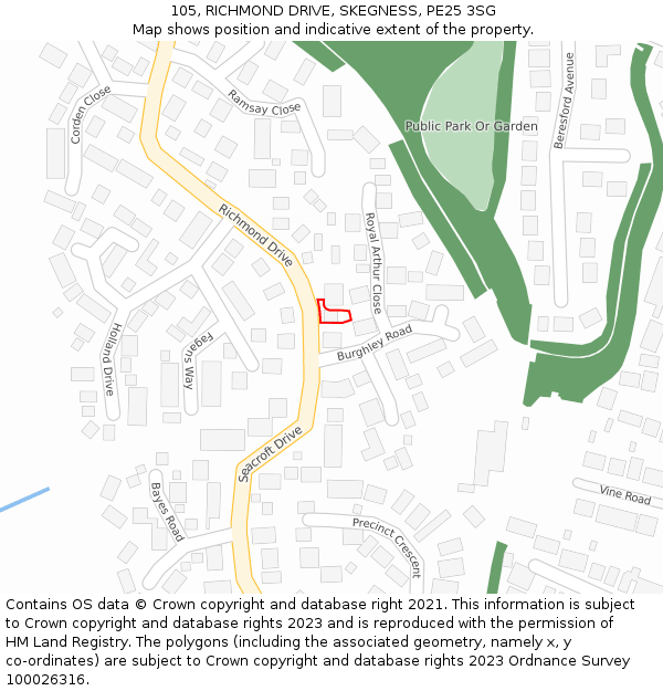 105, RICHMOND DRIVE, SKEGNESS, PE25 3SG: Location map and indicative extent of plot