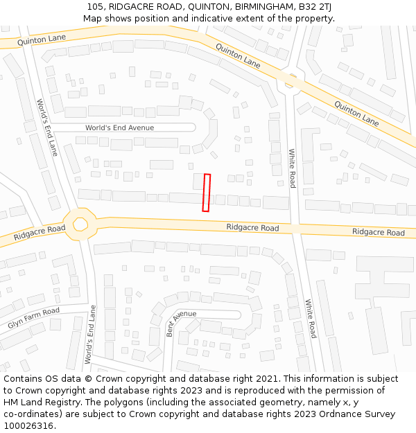 105, RIDGACRE ROAD, QUINTON, BIRMINGHAM, B32 2TJ: Location map and indicative extent of plot