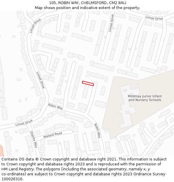 105, ROBIN WAY, CHELMSFORD, CM2 8AU: Location map and indicative extent of plot