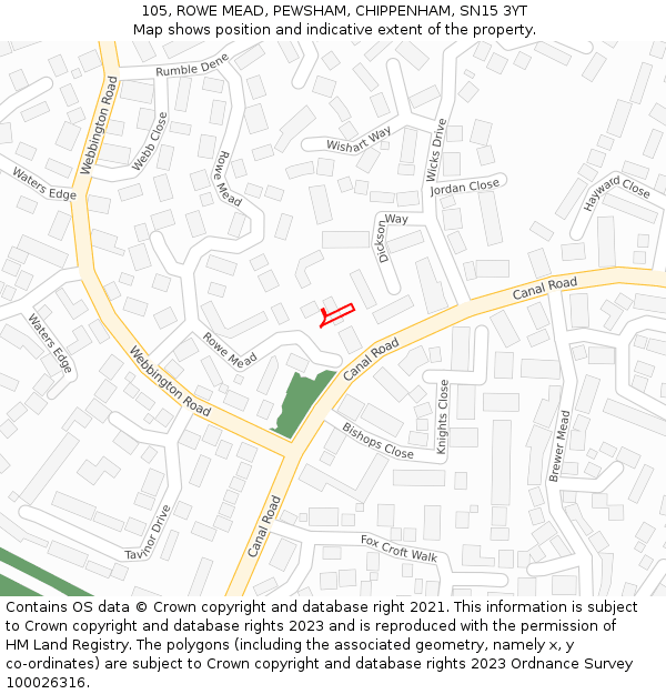 105, ROWE MEAD, PEWSHAM, CHIPPENHAM, SN15 3YT: Location map and indicative extent of plot