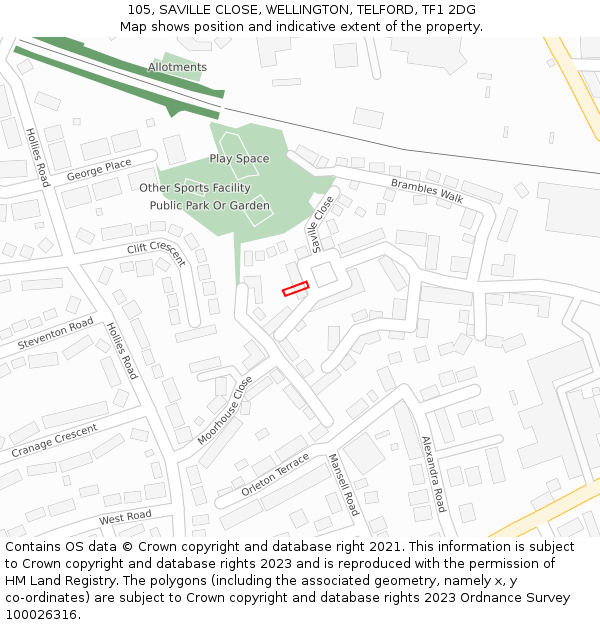 105, SAVILLE CLOSE, WELLINGTON, TELFORD, TF1 2DG: Location map and indicative extent of plot