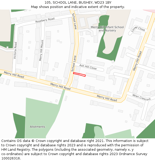 105, SCHOOL LANE, BUSHEY, WD23 1BY: Location map and indicative extent of plot