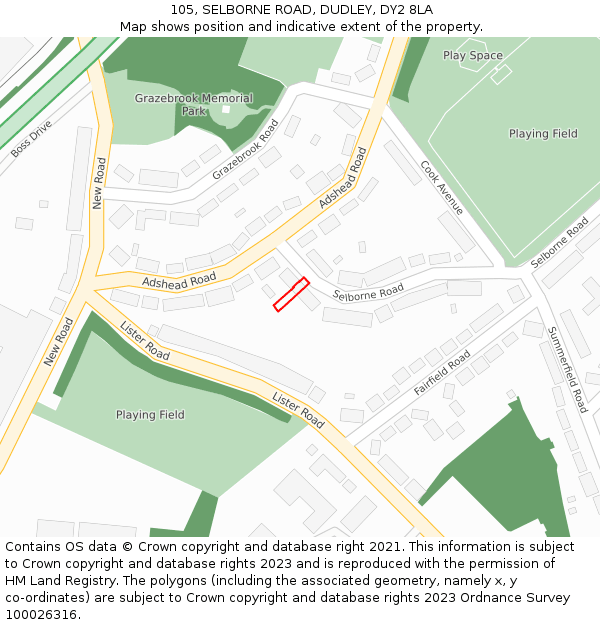 105, SELBORNE ROAD, DUDLEY, DY2 8LA: Location map and indicative extent of plot