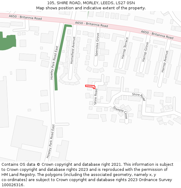 105, SHIRE ROAD, MORLEY, LEEDS, LS27 0SN: Location map and indicative extent of plot
