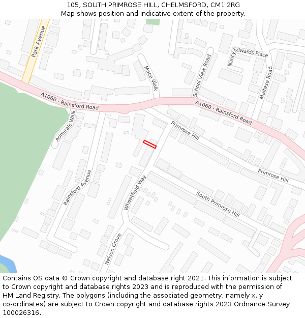 105, SOUTH PRIMROSE HILL, CHELMSFORD, CM1 2RG: Location map and indicative extent of plot