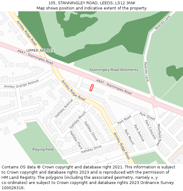 105, STANNINGLEY ROAD, LEEDS, LS12 3NW: Location map and indicative extent of plot