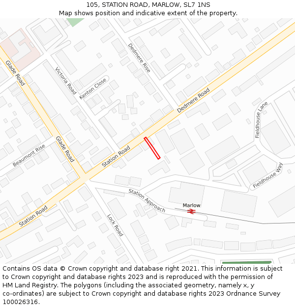 105, STATION ROAD, MARLOW, SL7 1NS: Location map and indicative extent of plot