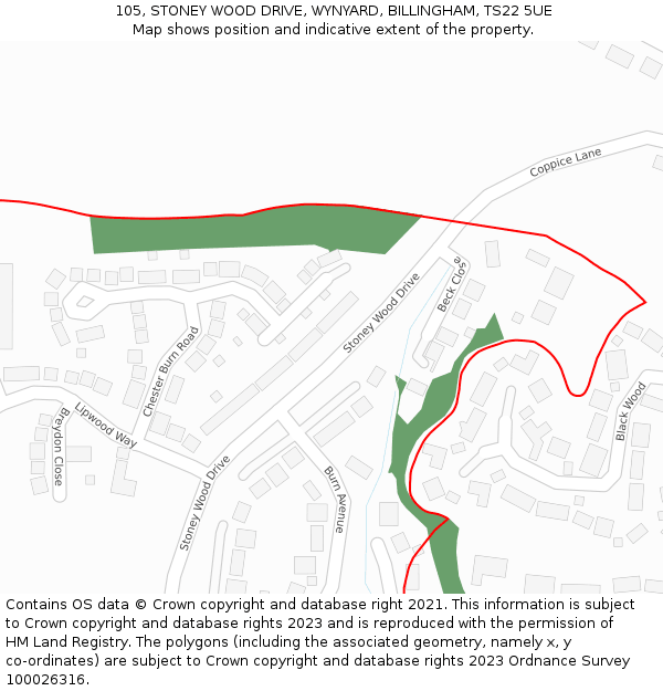 105, STONEY WOOD DRIVE, WYNYARD, BILLINGHAM, TS22 5UE: Location map and indicative extent of plot