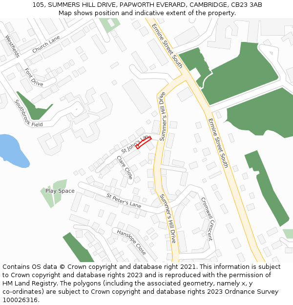 105, SUMMERS HILL DRIVE, PAPWORTH EVERARD, CAMBRIDGE, CB23 3AB: Location map and indicative extent of plot