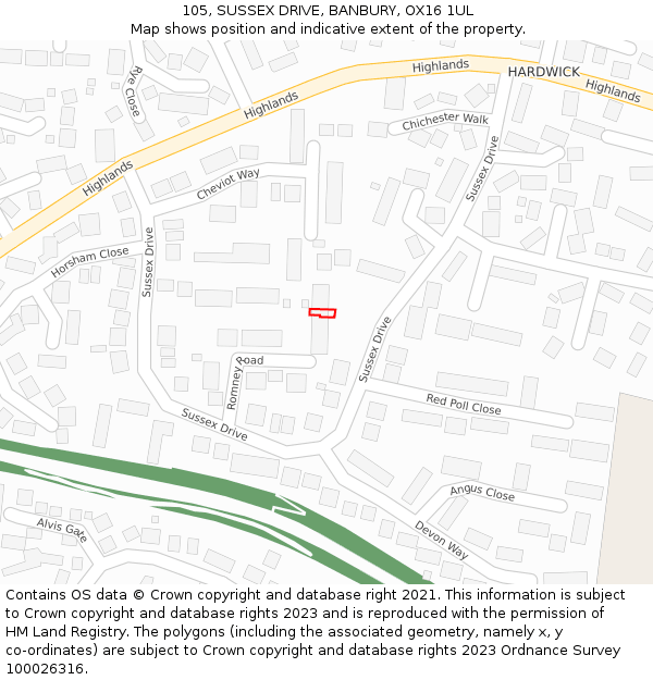 105, SUSSEX DRIVE, BANBURY, OX16 1UL: Location map and indicative extent of plot