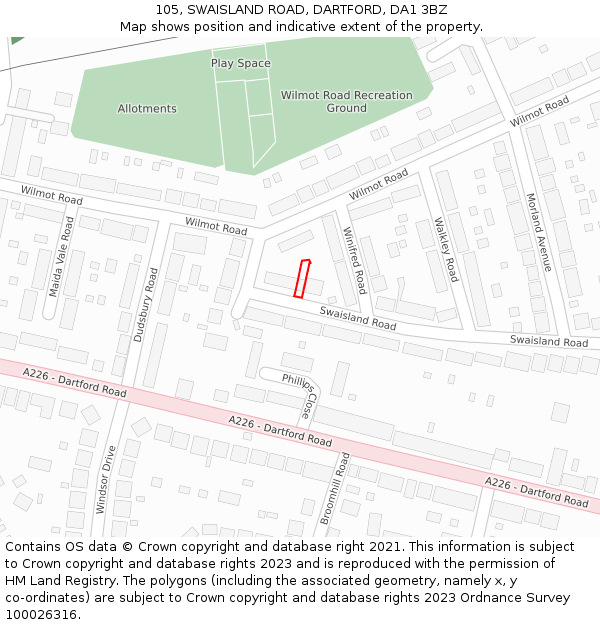 105, SWAISLAND ROAD, DARTFORD, DA1 3BZ: Location map and indicative extent of plot
