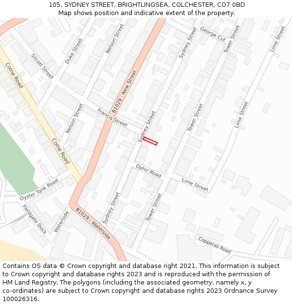 105, SYDNEY STREET, BRIGHTLINGSEA, COLCHESTER, CO7 0BD: Location map and indicative extent of plot
