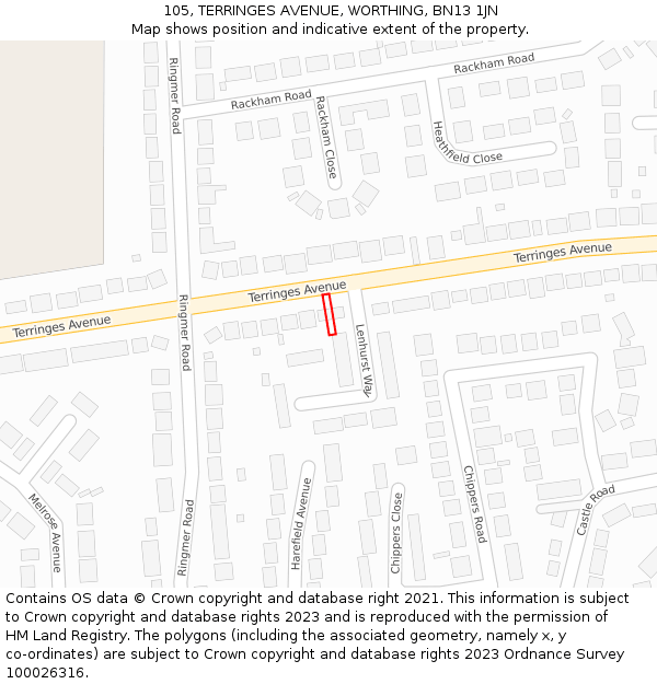 105, TERRINGES AVENUE, WORTHING, BN13 1JN: Location map and indicative extent of plot