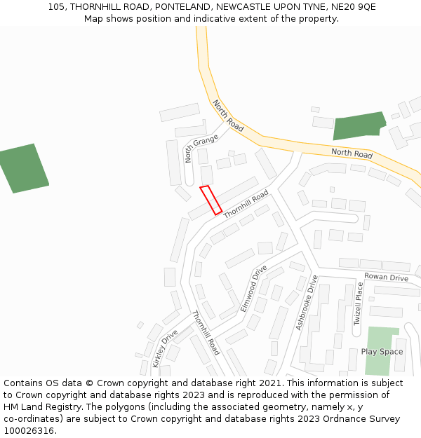 105, THORNHILL ROAD, PONTELAND, NEWCASTLE UPON TYNE, NE20 9QE: Location map and indicative extent of plot