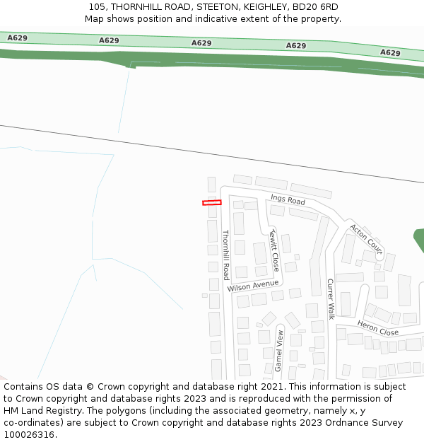105, THORNHILL ROAD, STEETON, KEIGHLEY, BD20 6RD: Location map and indicative extent of plot