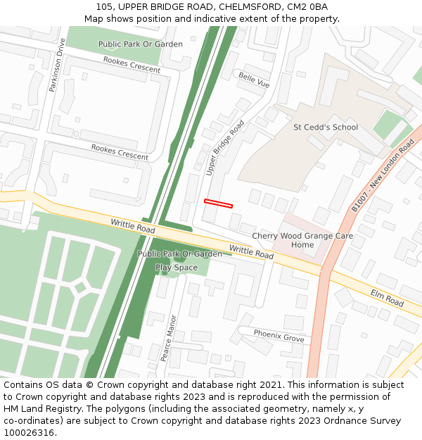 105, UPPER BRIDGE ROAD, CHELMSFORD, CM2 0BA: Location map and indicative extent of plot