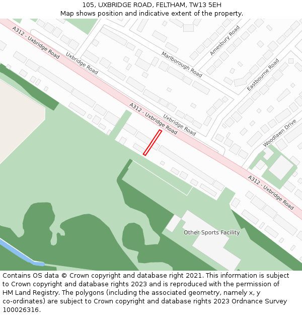 105, UXBRIDGE ROAD, FELTHAM, TW13 5EH: Location map and indicative extent of plot