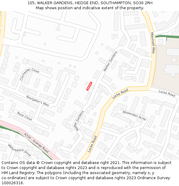 105, WALKER GARDENS, HEDGE END, SOUTHAMPTON, SO30 2RH: Location map and indicative extent of plot
