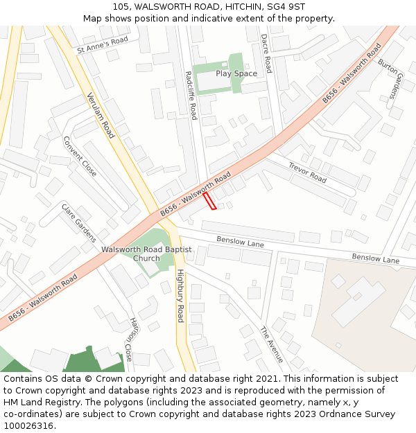 105, WALSWORTH ROAD, HITCHIN, SG4 9ST: Location map and indicative extent of plot