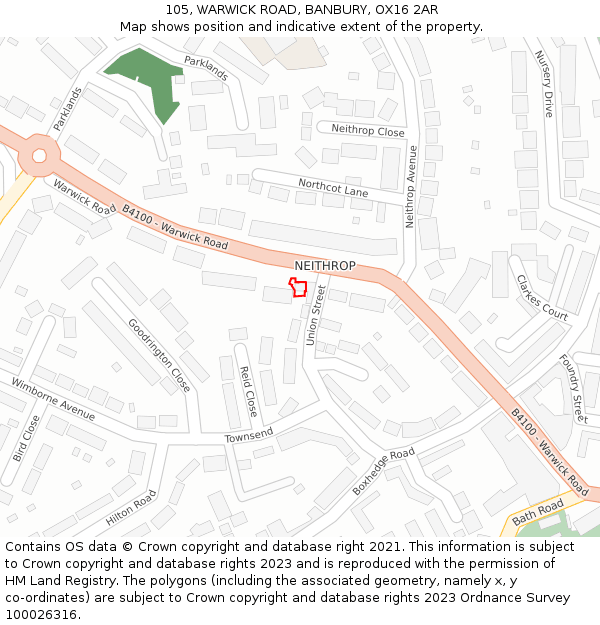 105, WARWICK ROAD, BANBURY, OX16 2AR: Location map and indicative extent of plot