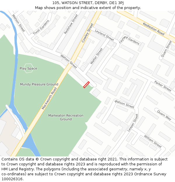 105, WATSON STREET, DERBY, DE1 3PJ: Location map and indicative extent of plot