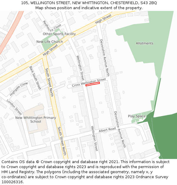105, WELLINGTON STREET, NEW WHITTINGTON, CHESTERFIELD, S43 2BQ: Location map and indicative extent of plot